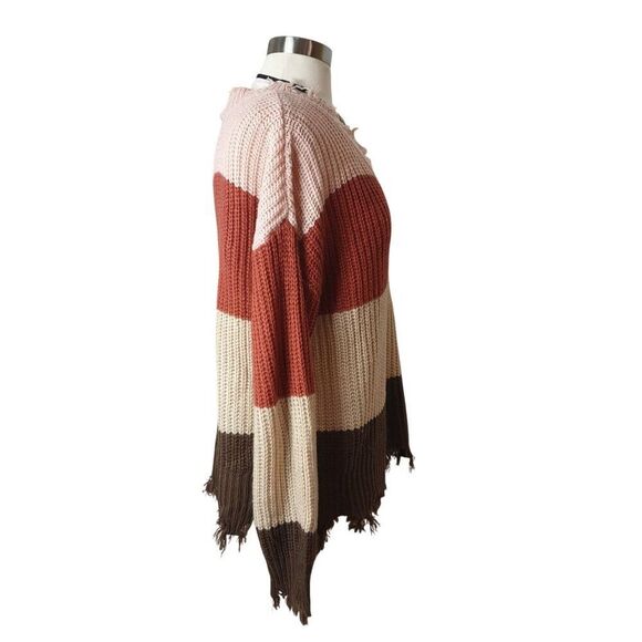 Alison Andrews Oversized Sweater M V-neck Frayed Hem Distressed Striped Coastal - Picture 2 of 7